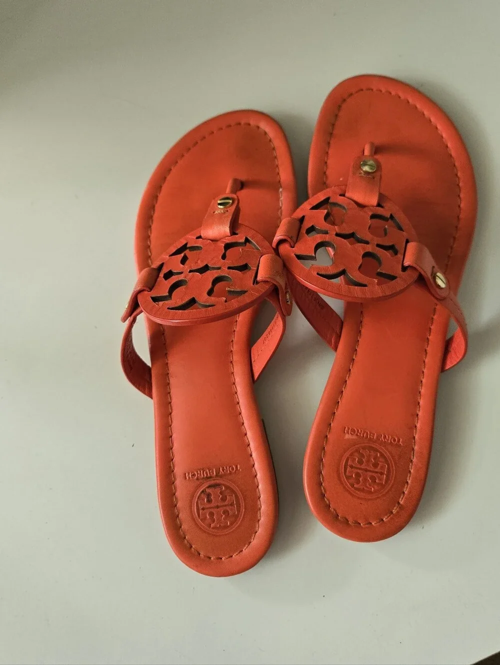 Tory Burch Coral Red Miller Leather Thong Sandals